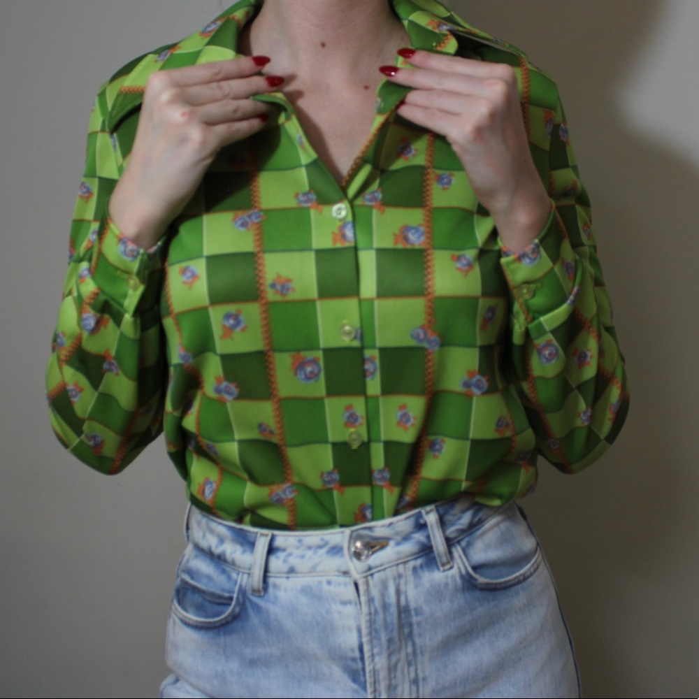 Vintage 70s Checkered and Floral Polyester Blouse